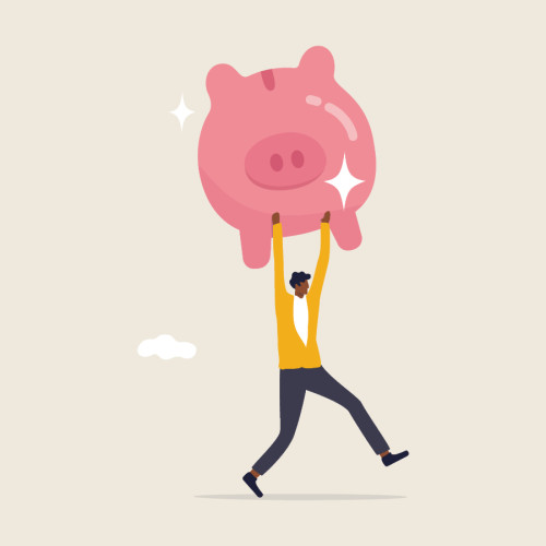An illustration of a person holding up a piggy bank