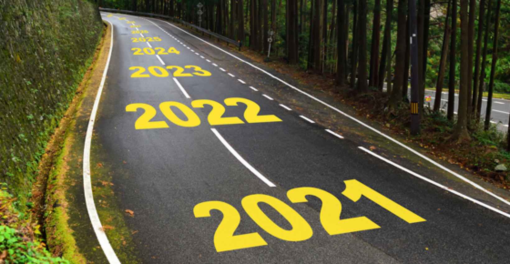 A road with increasing years painted in sequential order