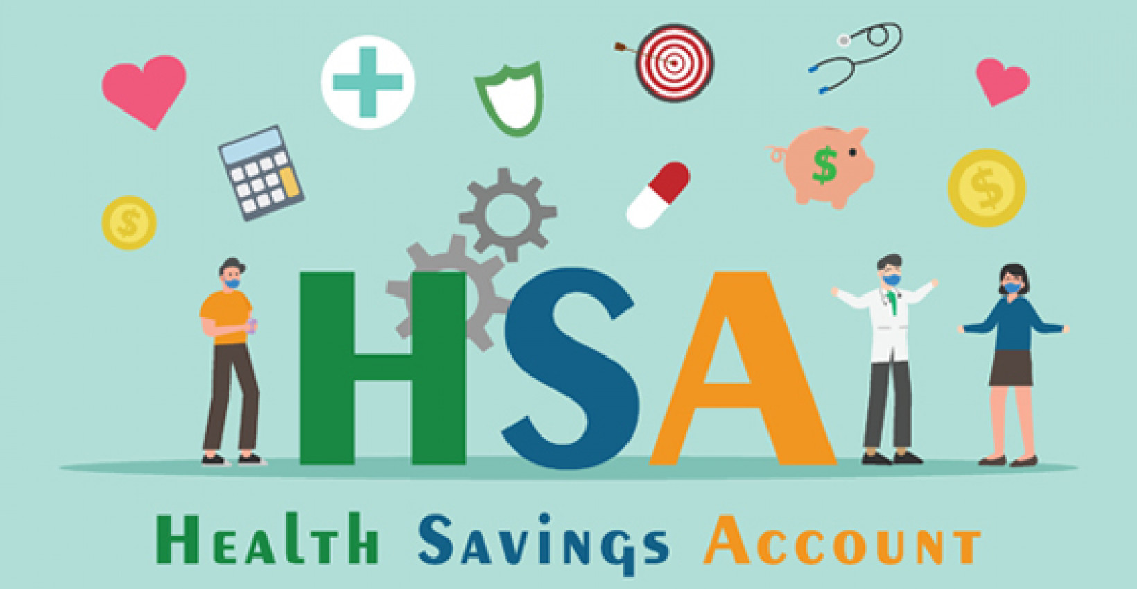 An illustraion of the letters "HSA" surrounded by various health-related icons and characters