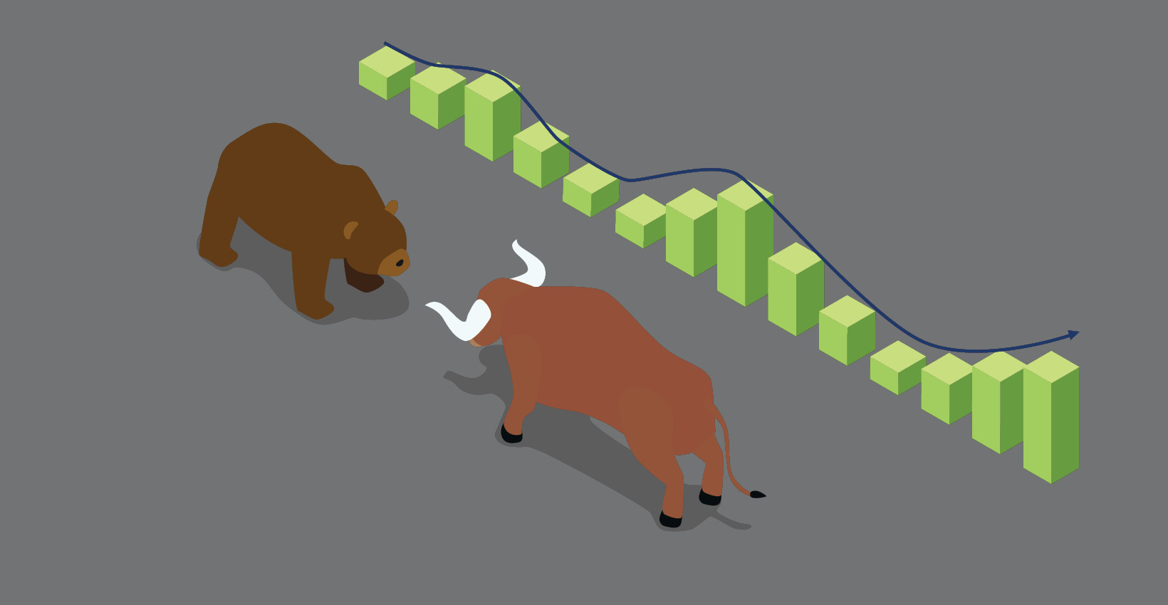 An illustrated bull and bear facing each other about to fight. 