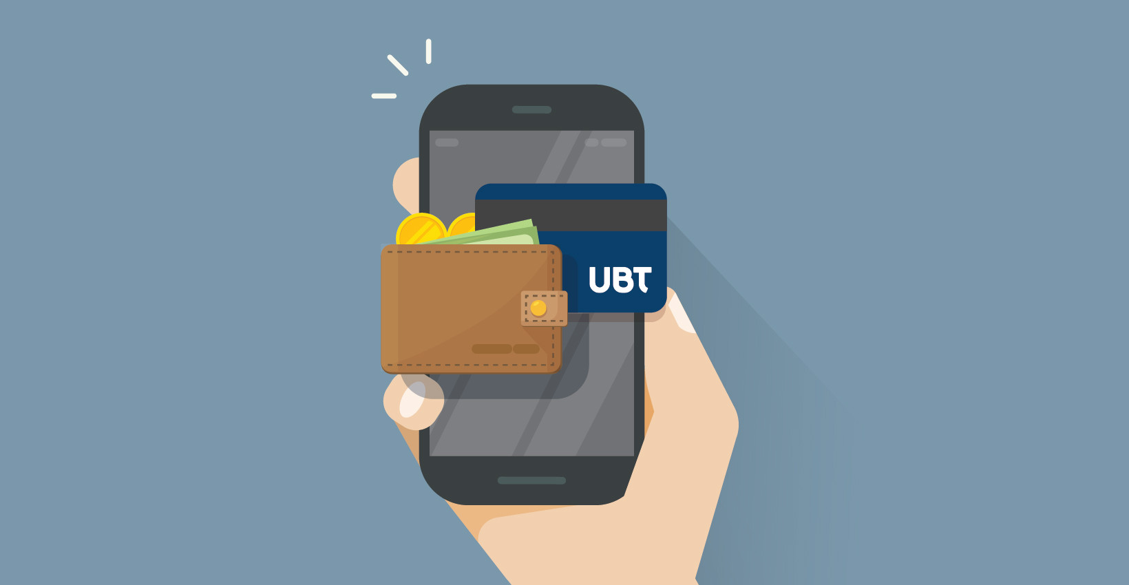 cartoon graphic of a person holding a phone that also has a wallet and the UBT logo on it