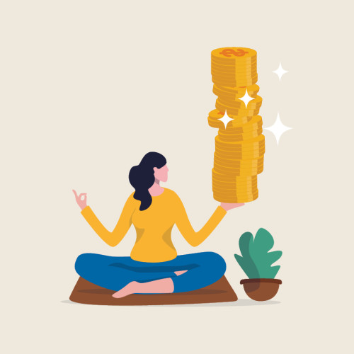 An illustration of a woman holding a stack of coins
