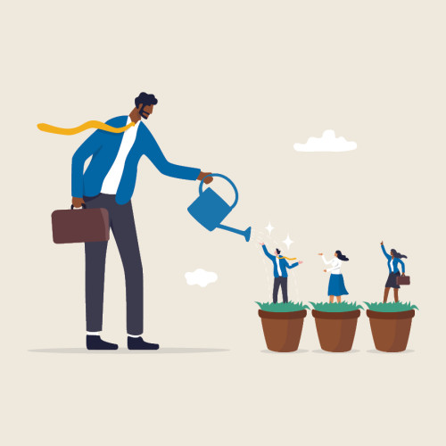 An illustration of a person using a watering can to water little people in little flower pots