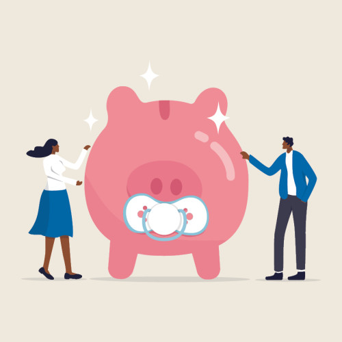 An illustration of a piggy bank with a pacifier