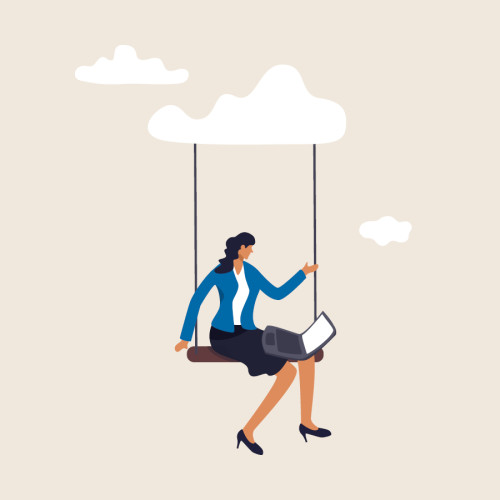 An illustration of a woman sitting in a swing suspended from the clouds