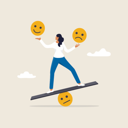 An illustration of a person balancing on happy and sad faces