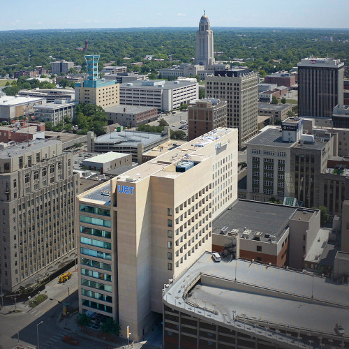 An aerial shot of Union Bank Place in downtown Lincoln, NE