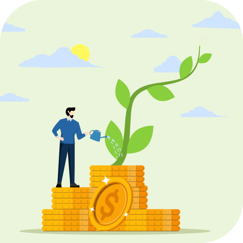 An illustration of someone watering a plant sitting on top of a giant pile of coins