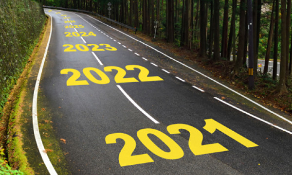 A road with increasing years painted in sequential order