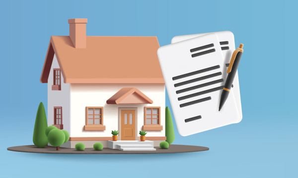 a cartoon graphic of a house and papers with a pen